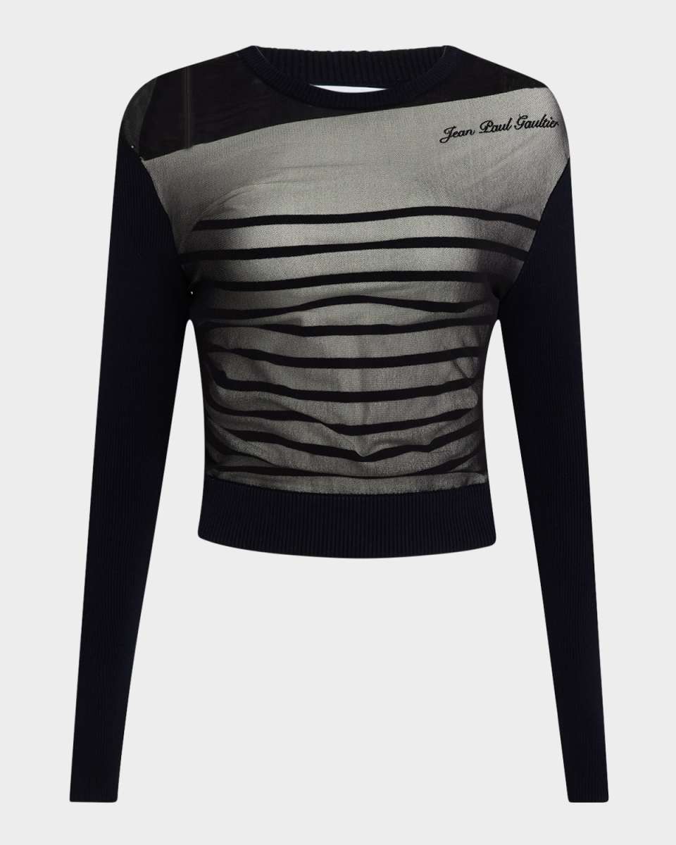 Ribbed Mariniere Mesh-Layer Crewneck Sweater